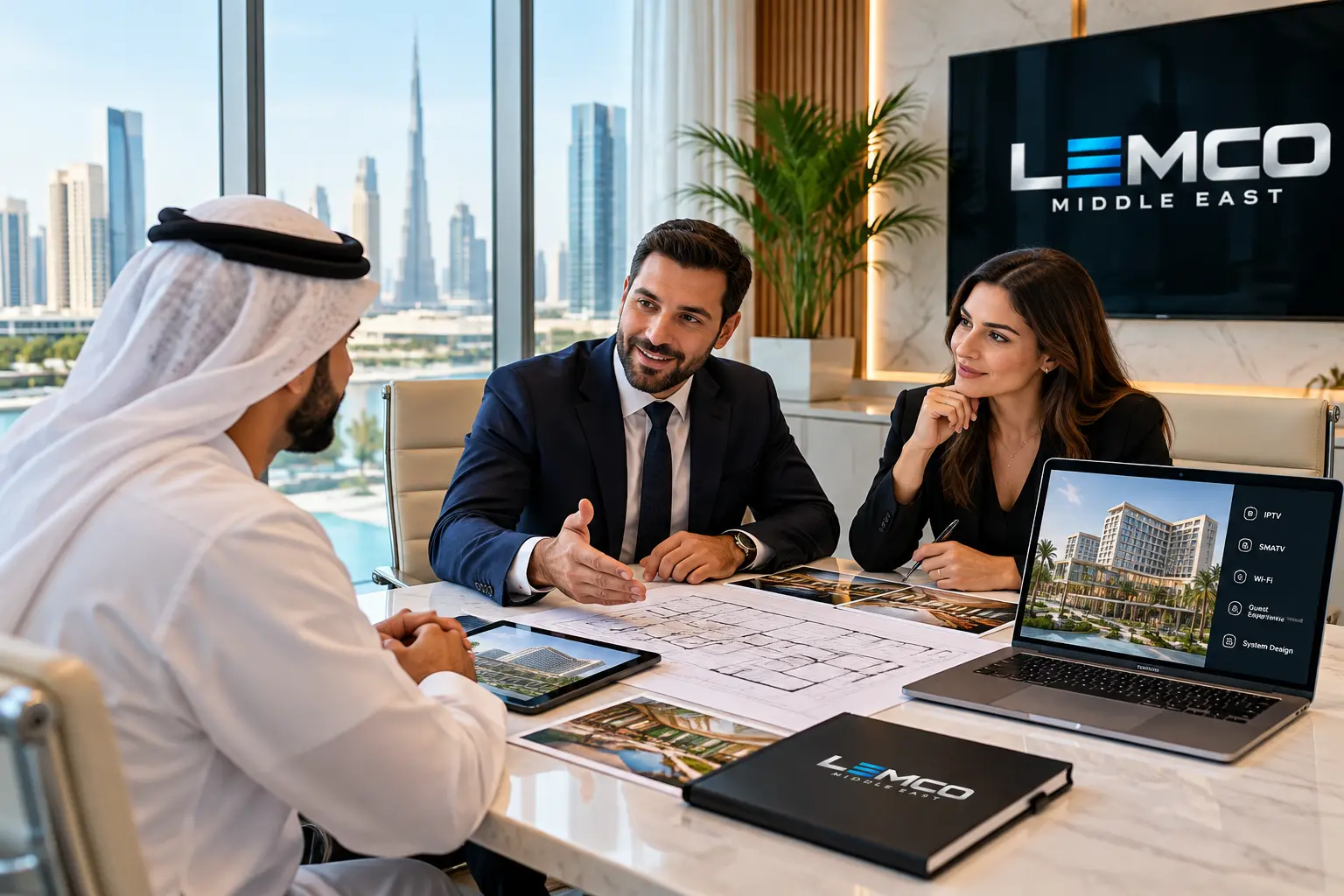 IPTV and SMATV consultation meeting between Lemco Middle East consultants and a client reviewing project plans
