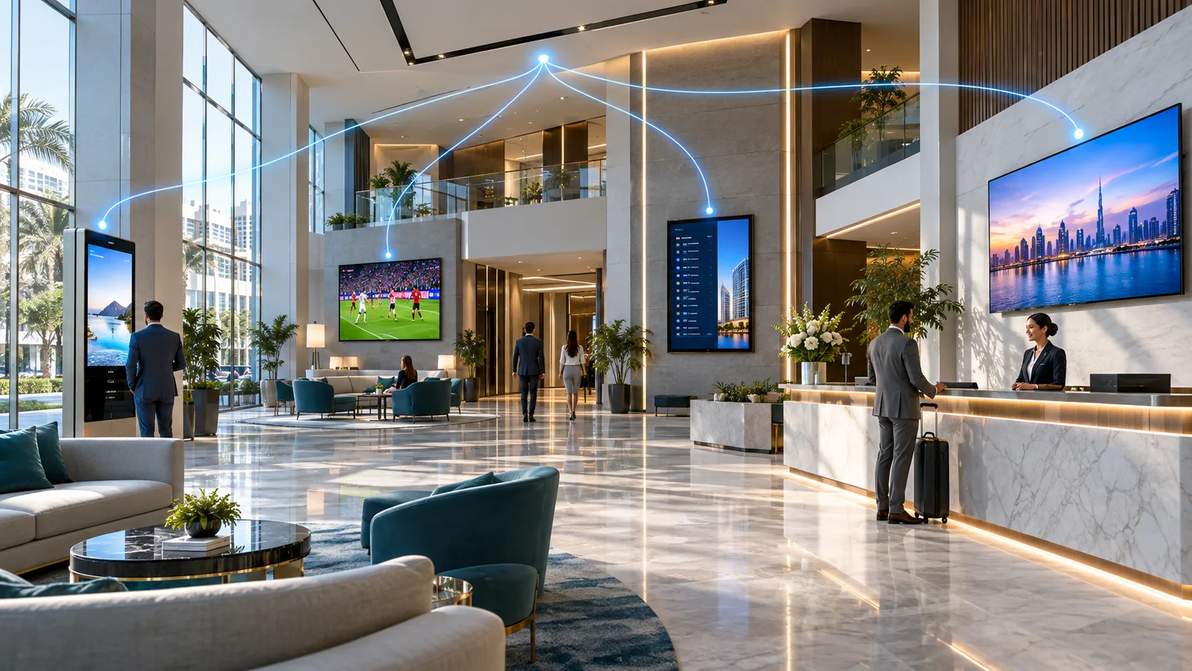 Modern commercial building lobby with multiple screens displaying live TV and information, powered by a centralised IPTV and SMATV distribution system