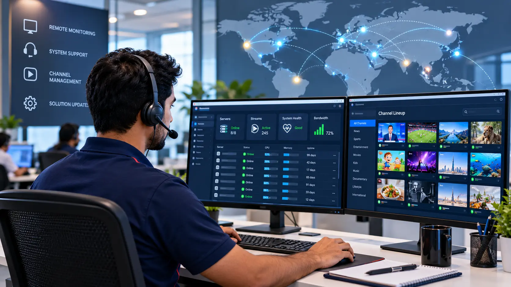 Support engineer providing remote IPTV technical support through a server monitoring dashboard