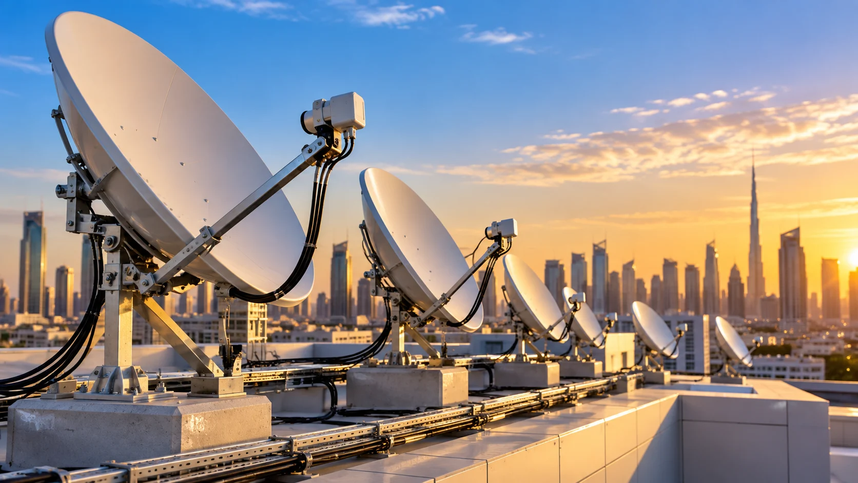 Rooftop satellite dishes on a commercial building for SMATV satellite signal distribution
