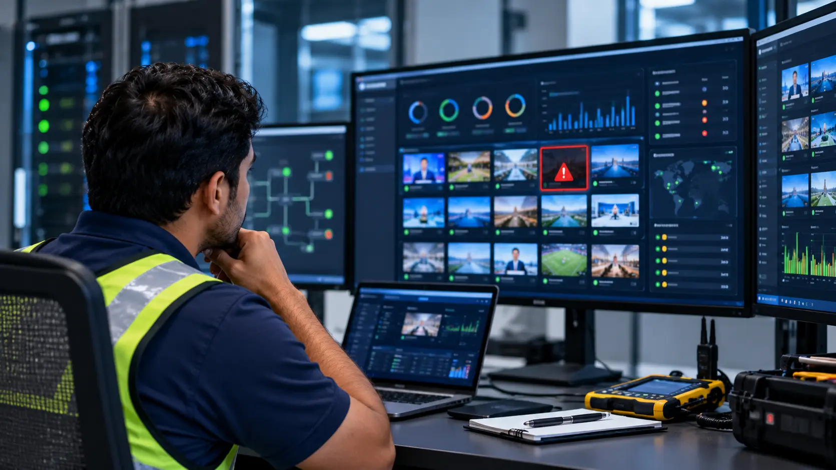 Engineer troubleshooting an IPTV system fault on a network monitoring dashboard under an IPTV AMC
