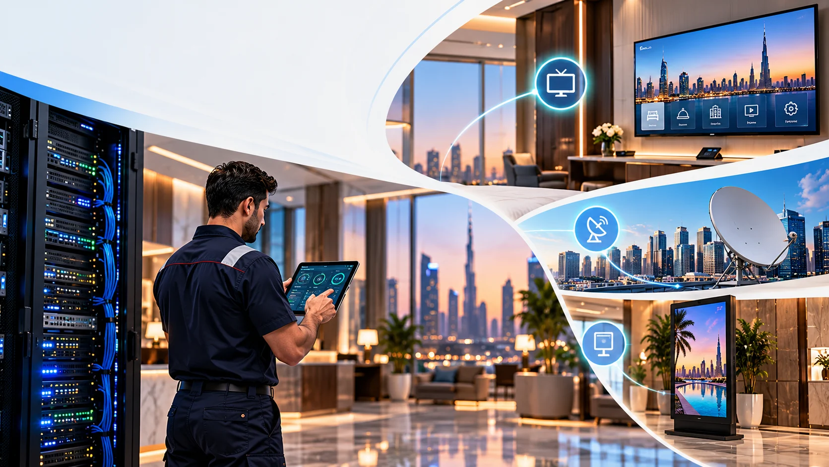 Modern hotel IPTV, SMATV and digital signage solutions with a technician monitoring a system dashboard beside server equipment in a luxury hotel lobby.