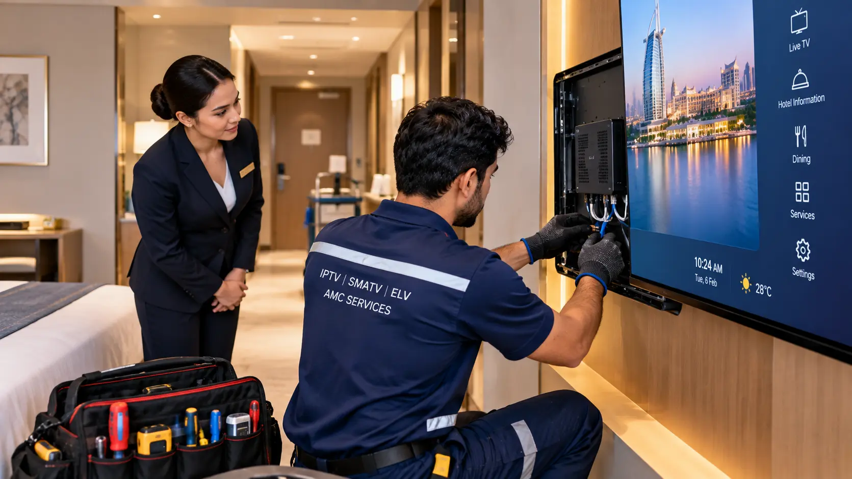 On-site IPTV technical support technician servicing a set-top box behind a hotel room TV