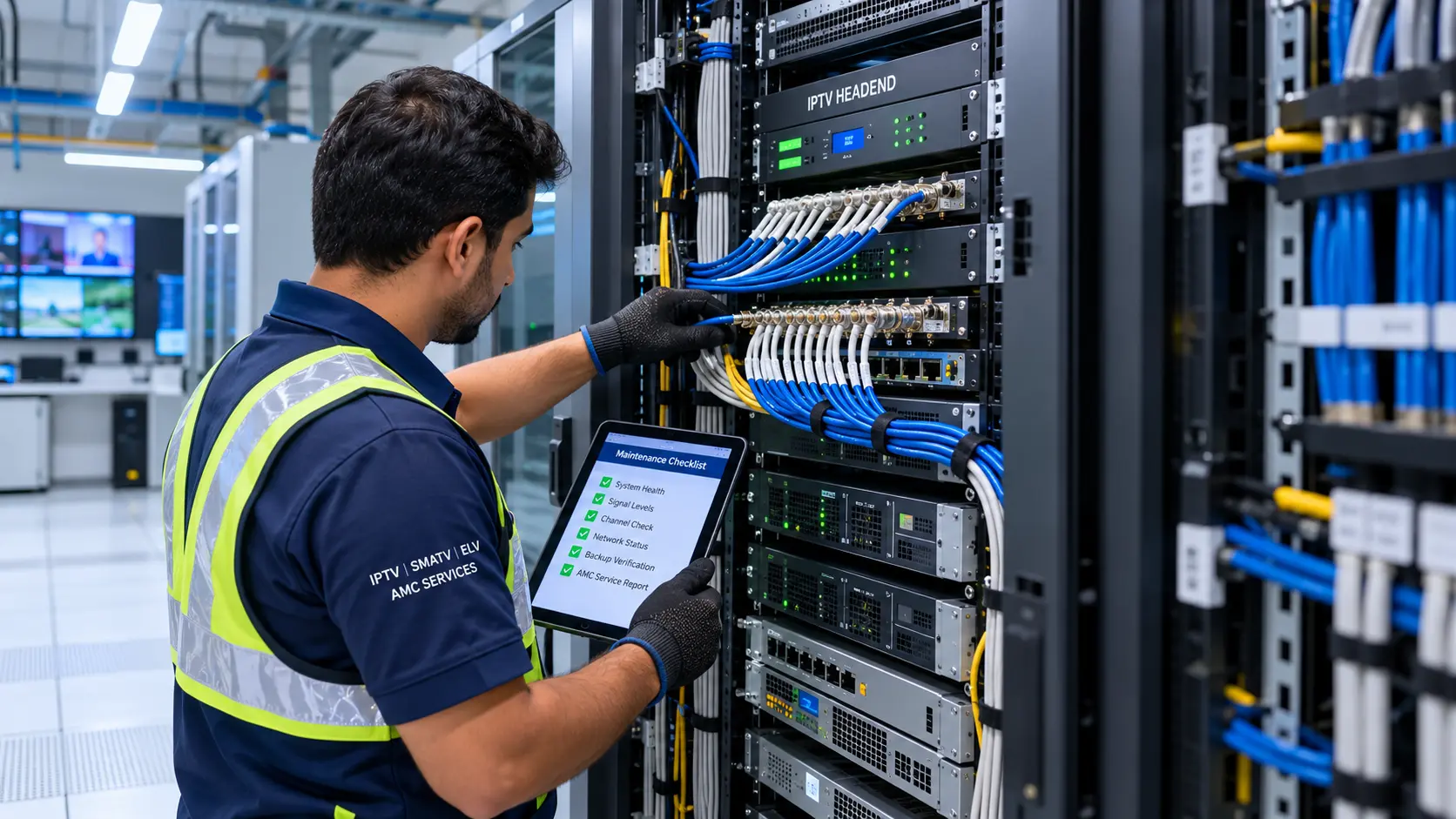 Technician performing preventive maintenance on an IPTV headend rack as part of an IPTV AMC service