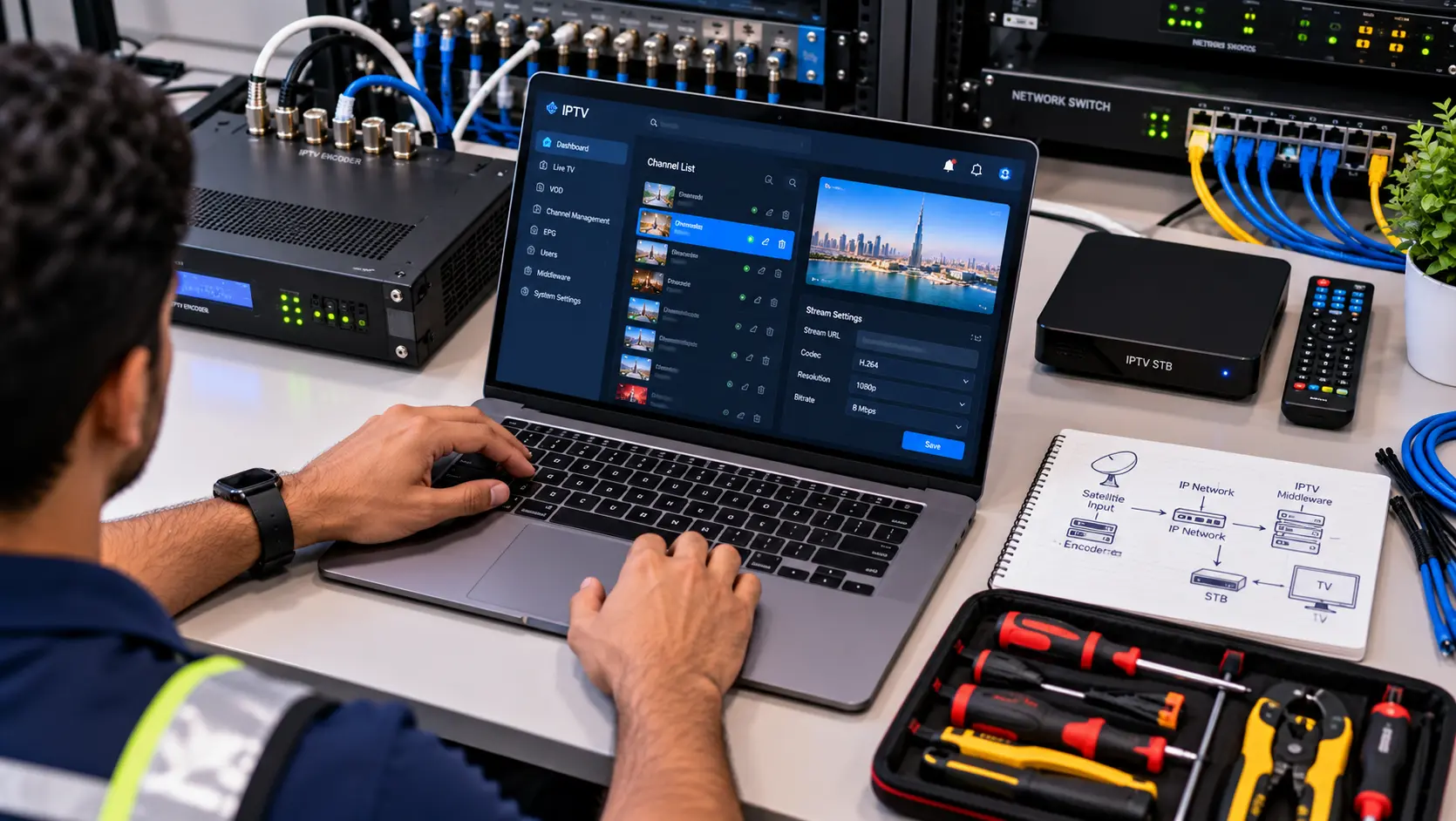 Technician checking IPTV set-top box and middleware configuration on a laptop during AMC equipment checks