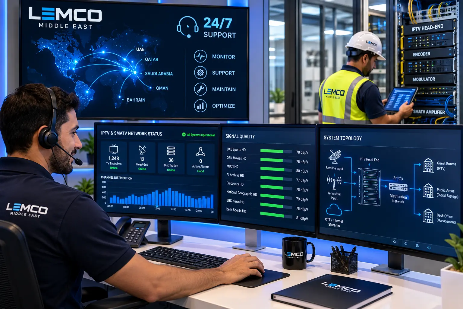 IPTV and SMATV technical support engineer monitoring network status and signal quality on a dashboard