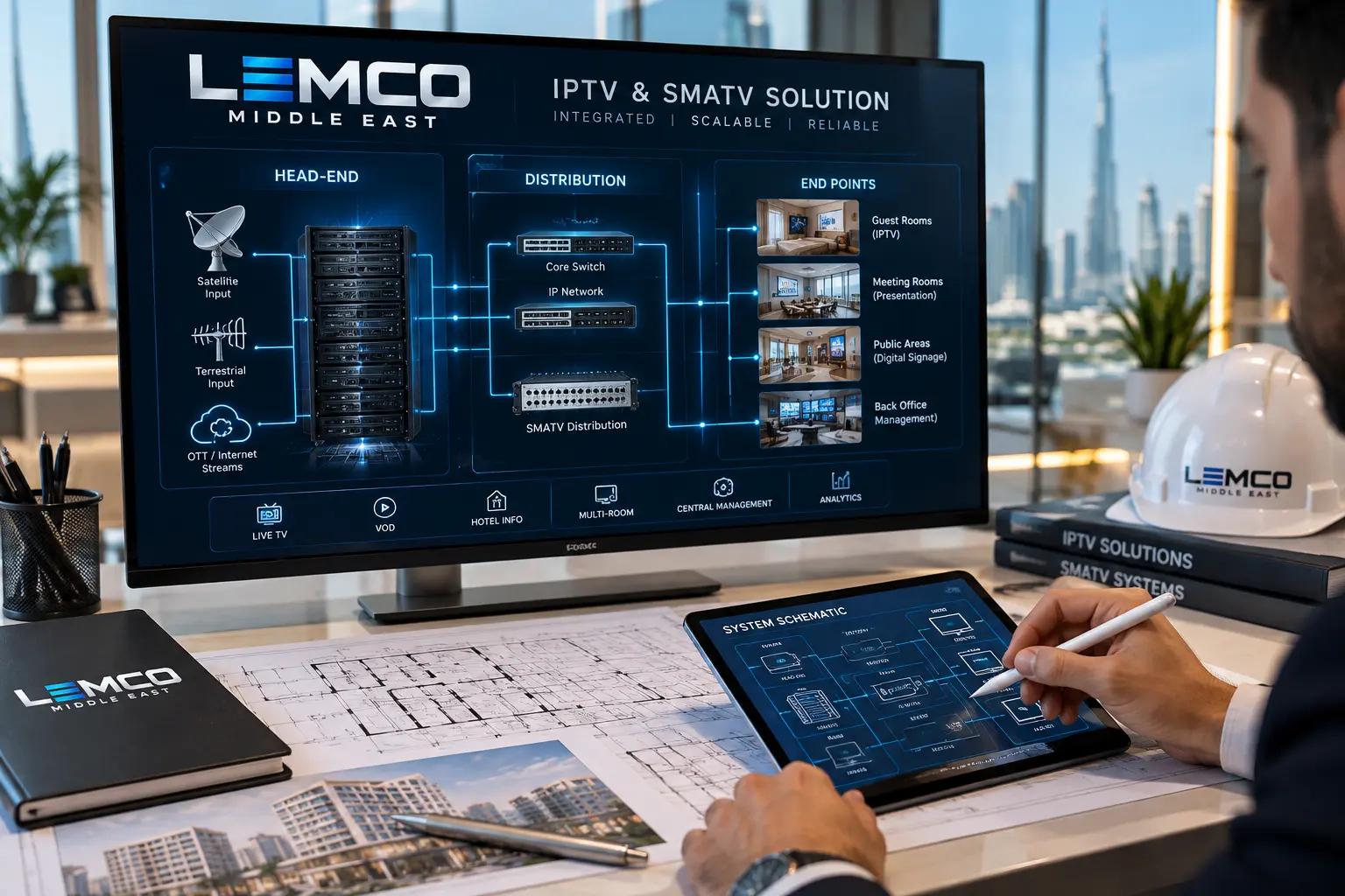 IPTV and SMATV solution design showing a network architecture diagram on an engineer's workstation