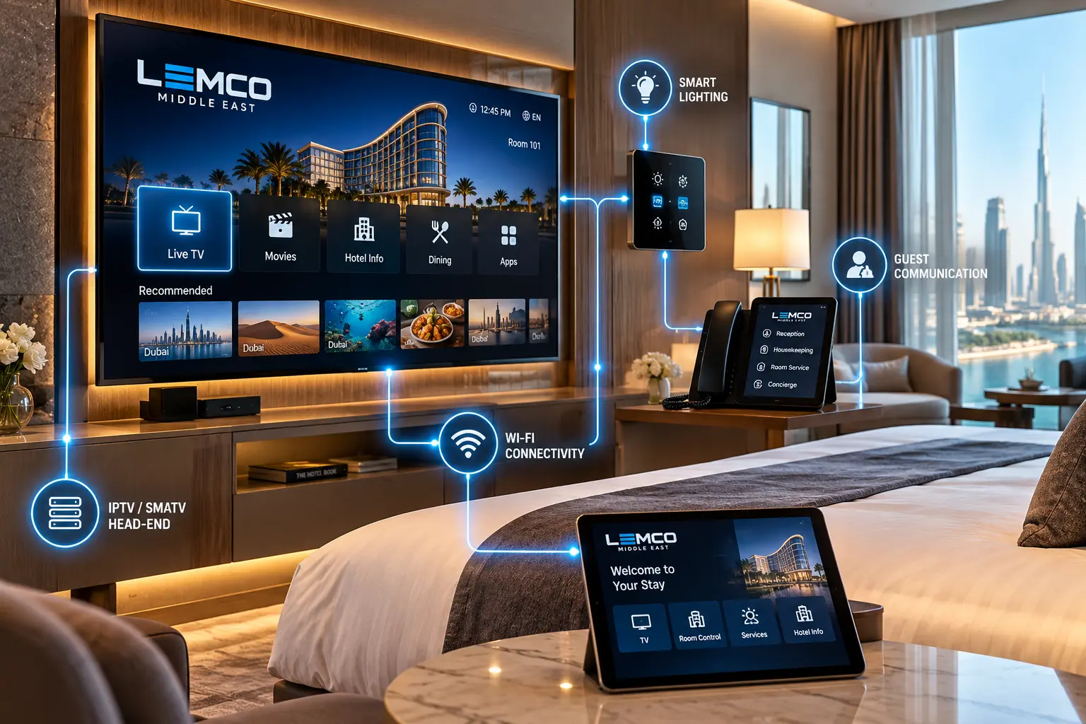 IPTV system integrated with smart TV, room controls and connected property technologies in a hotel room