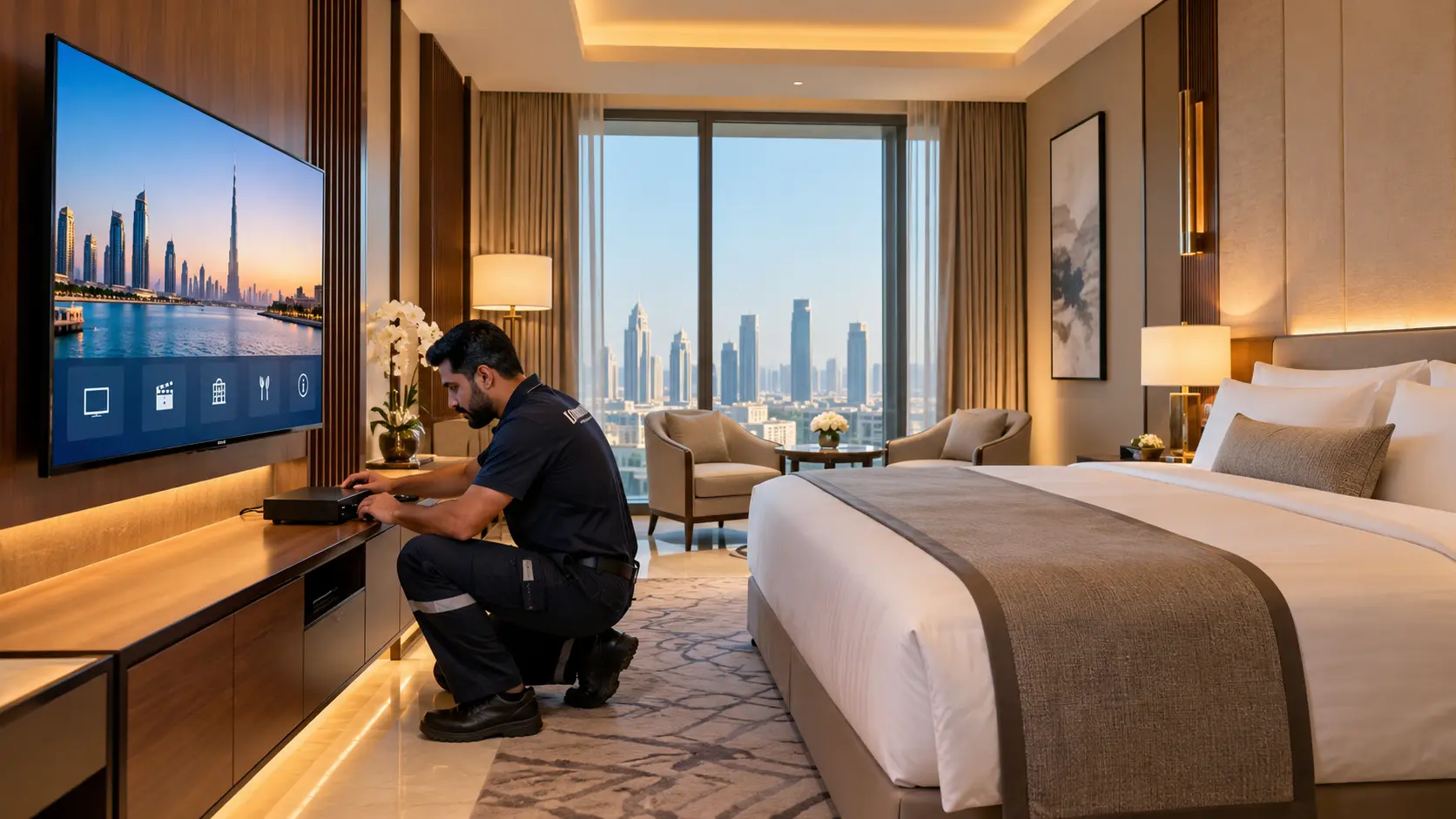 Technician servicing the IPTV system in a hotel guest room with a wall-mounted TV