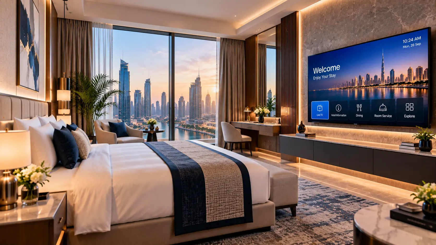 Luxury hotel room with a wall-mounted IPTV system displaying a hospitality IPTV interface for live TV, hotel information, dining, room service and guest services.