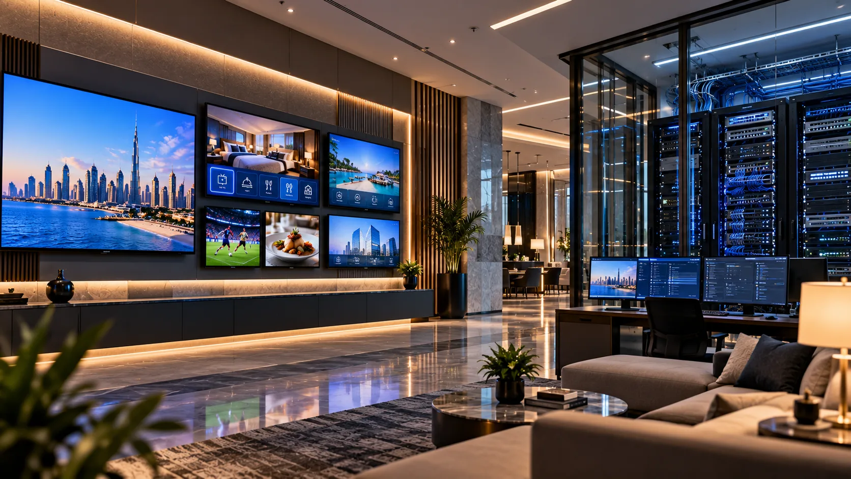 Premium commercial IPTV infrastructure in a luxury hotel, featuring multiple professional displays, IPTV headend equipment, server racks, network switches, and organized cabling for centralized IPTV management.