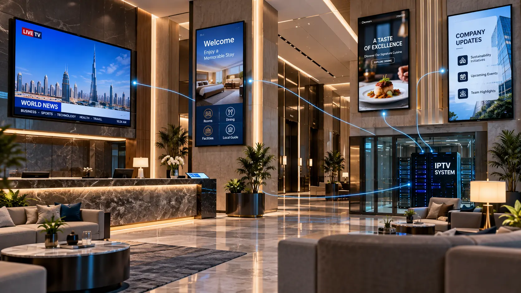 Modern hotel lobby with multiple IPTV displays showing live TV, hotel information, dining promotions, and corporate updates, connected to a central IPTV system through subtle blue network lines