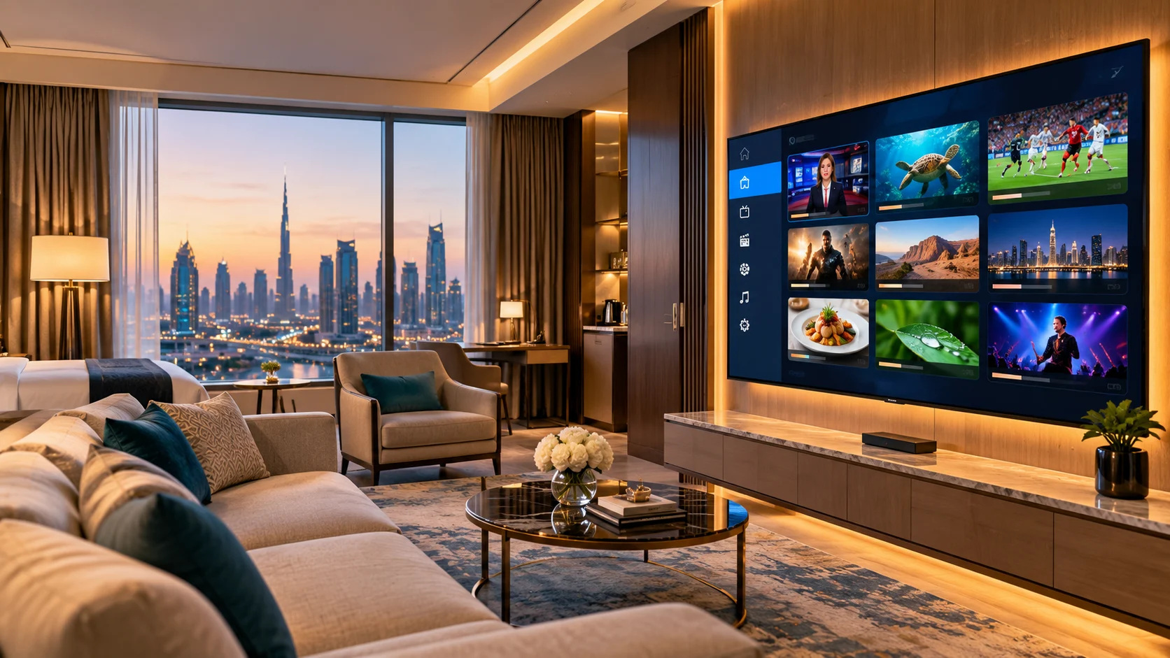 Hotel room TV showing multi-channel delivery through an SMATV system
