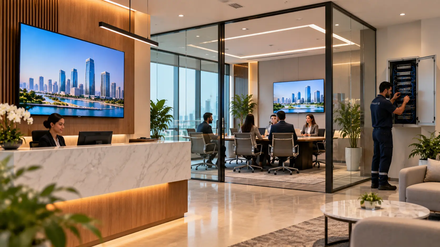 Television distribution in a corporate office reception and meeting room maintained under an IPTV AMC