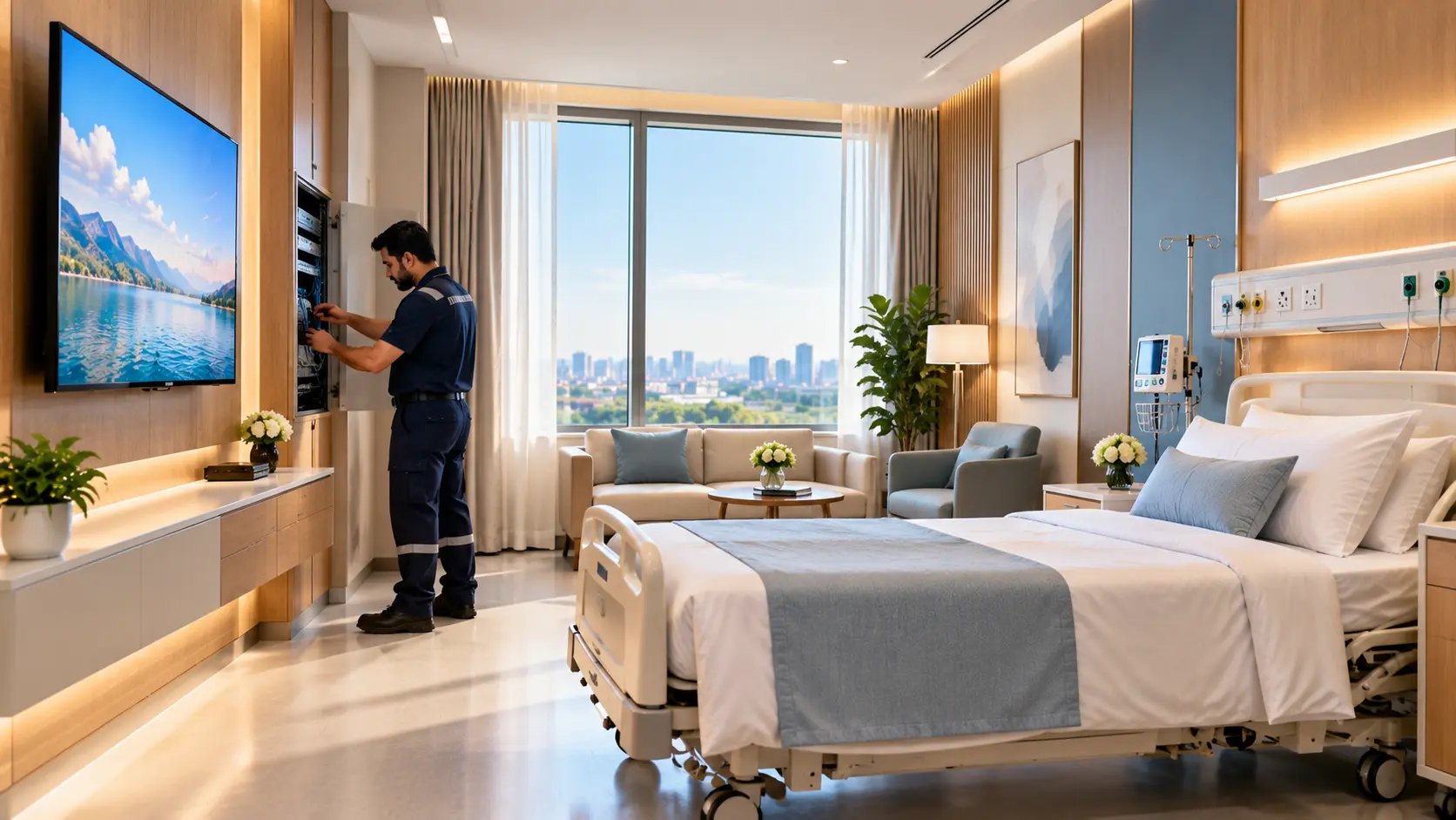 Wall-mounted TV in a hospital patient room supported by IPTV maintenance services