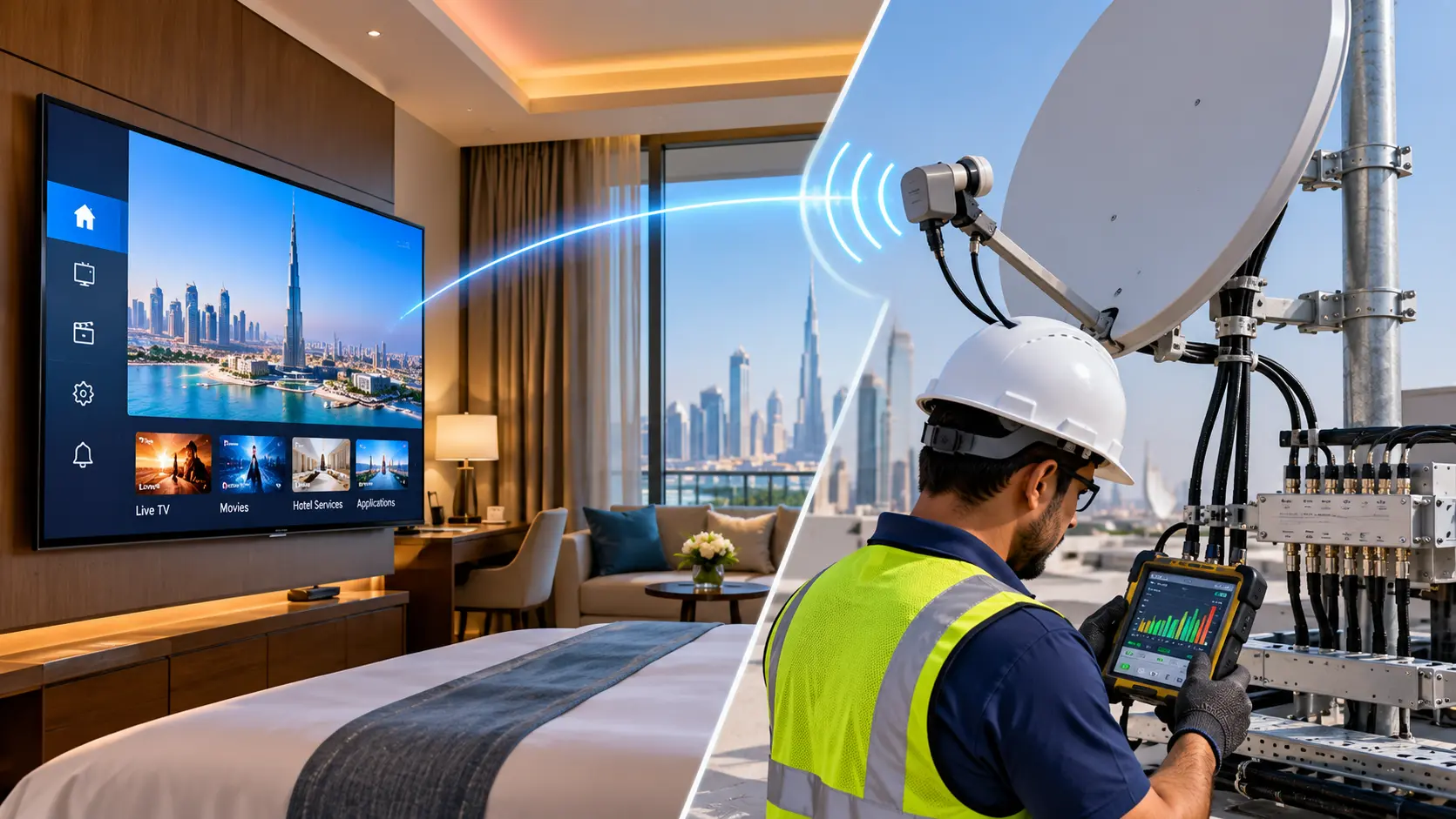 IPTV and SMATV performance check with a clear hotel TV picture and a technician testing satellite signal