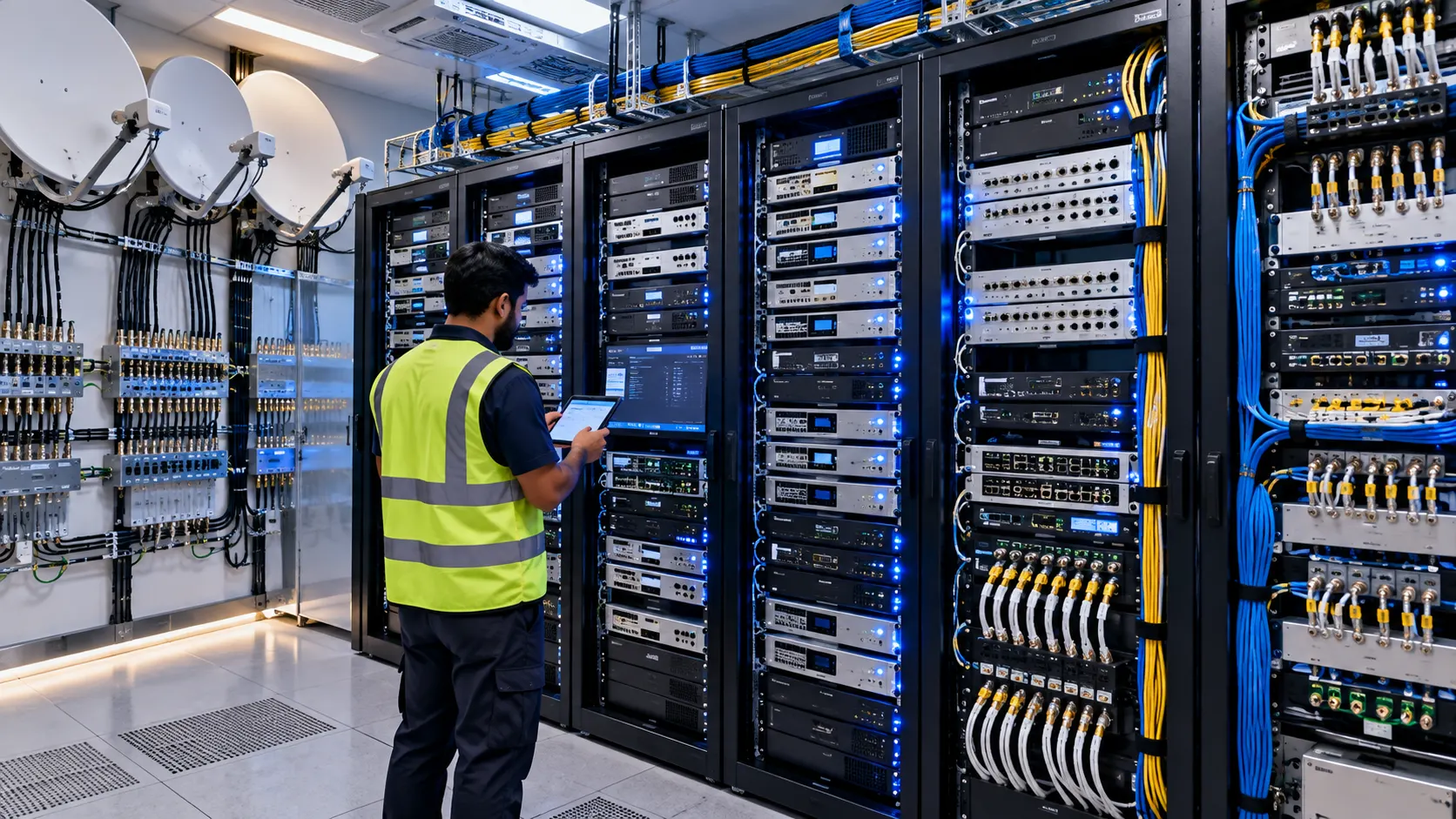 Centralised SMATV headend system with satellite receivers and modulators in an equipment room