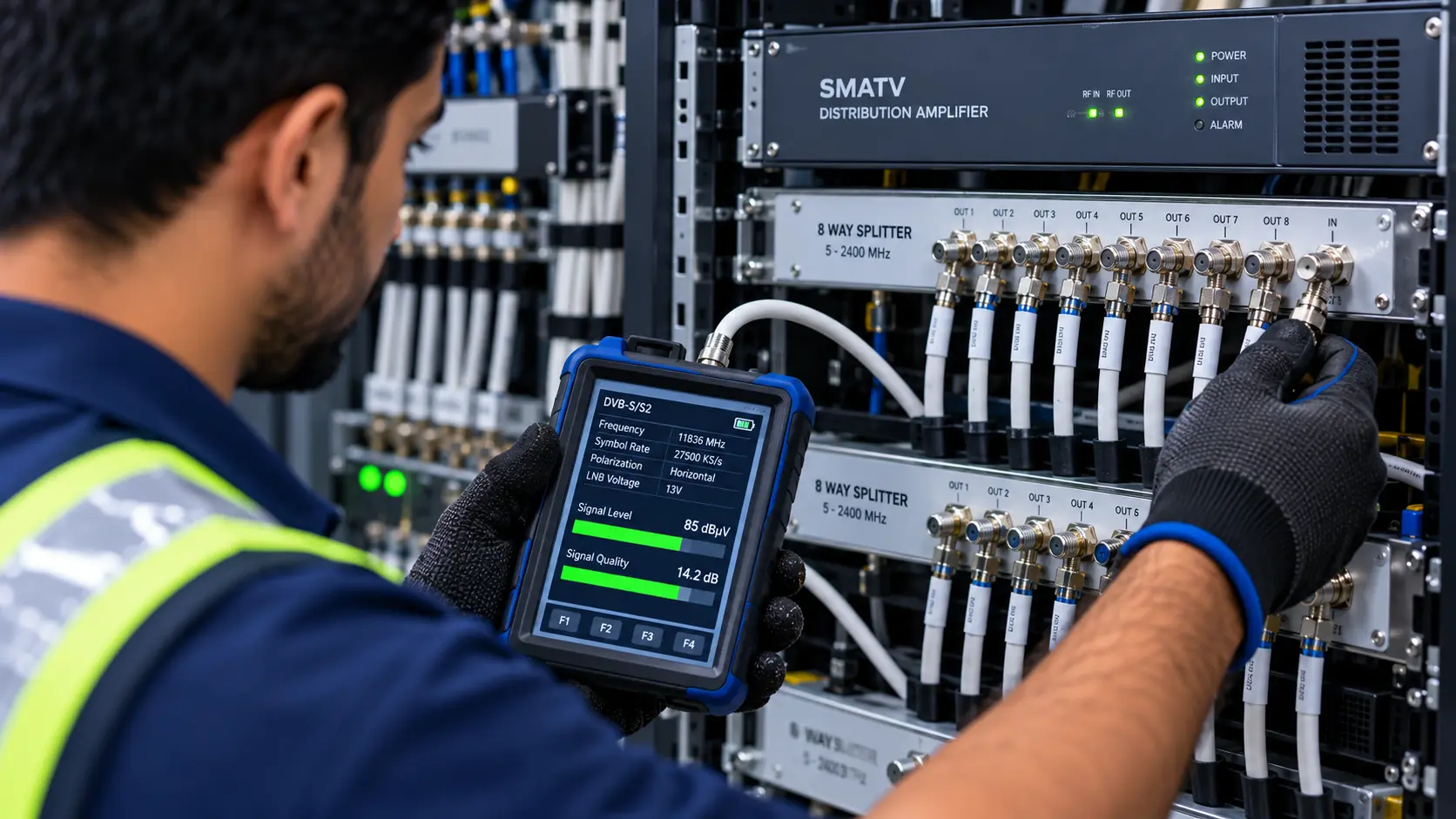 Engineer inspecting a SMATV distribution amplifier with a signal meter during an IPTV and SMATV AMC