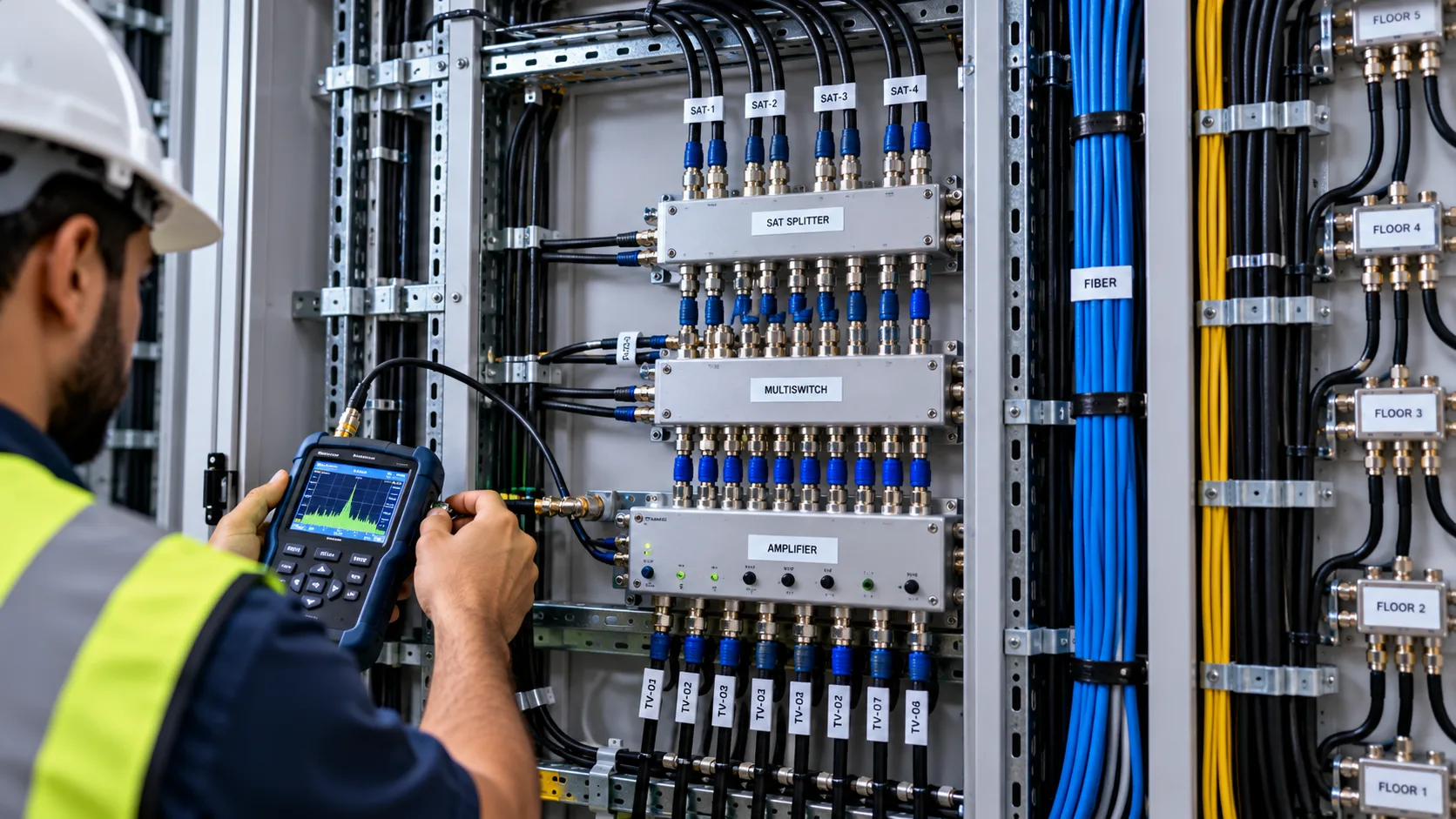 Structured SMATV cabling and signal distribution equipment in a building distribution cabinet