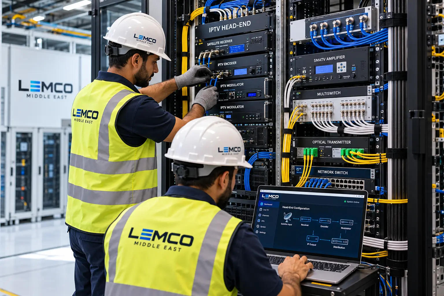 Technicians installing and configuring IPTV and SMATV head-end equipment in a server rack room